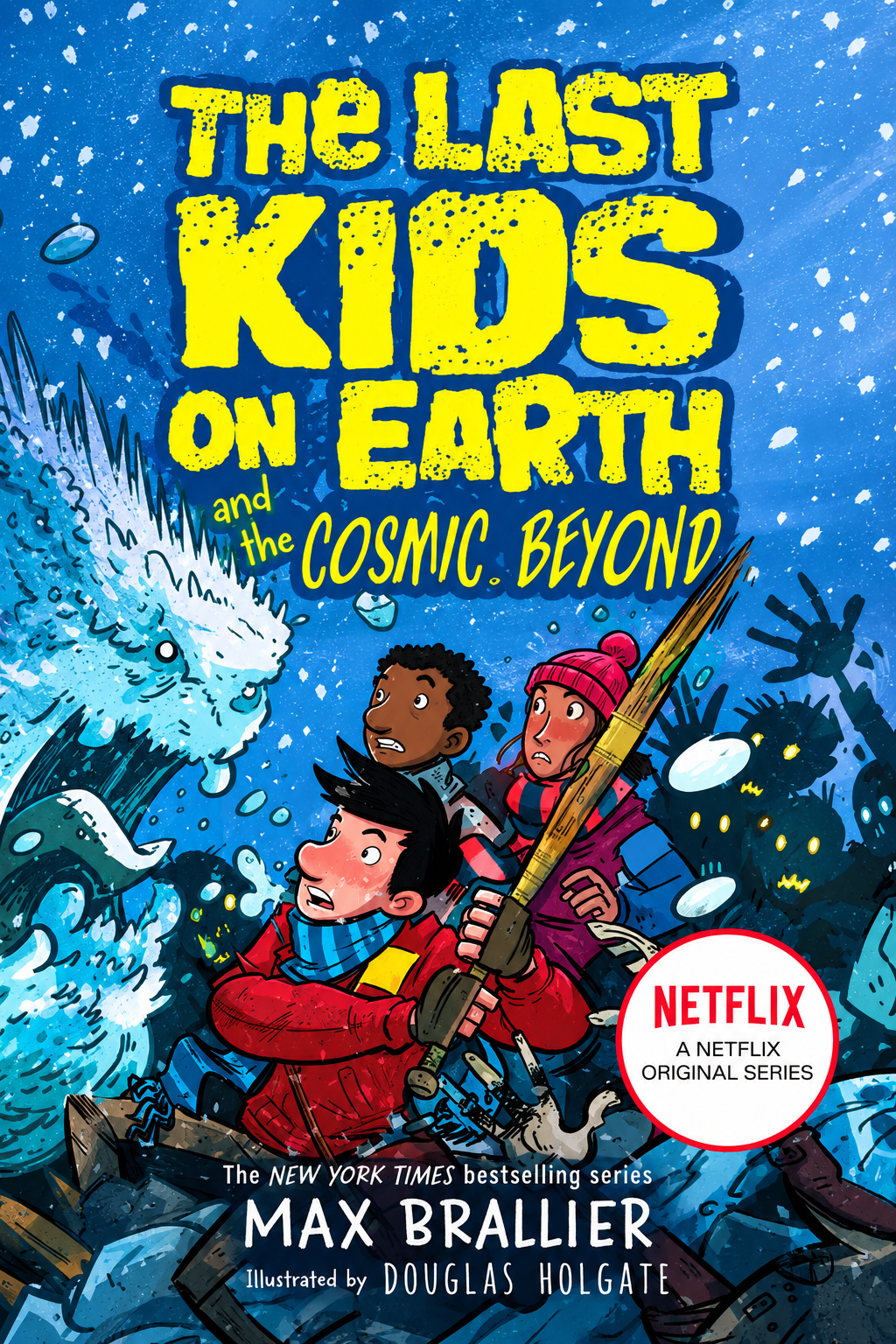 Kid adventure book cover with cosmic theme: kids holding weapons, Netflix original badge