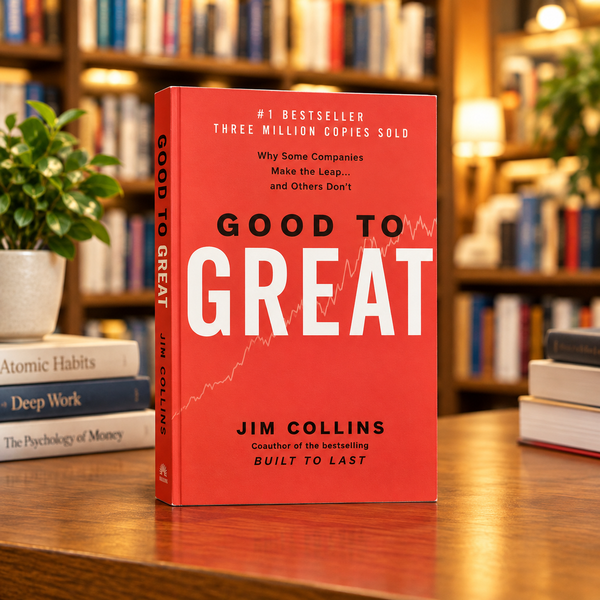 Good to Great by Jim Collins hardcover book, red with title on front.