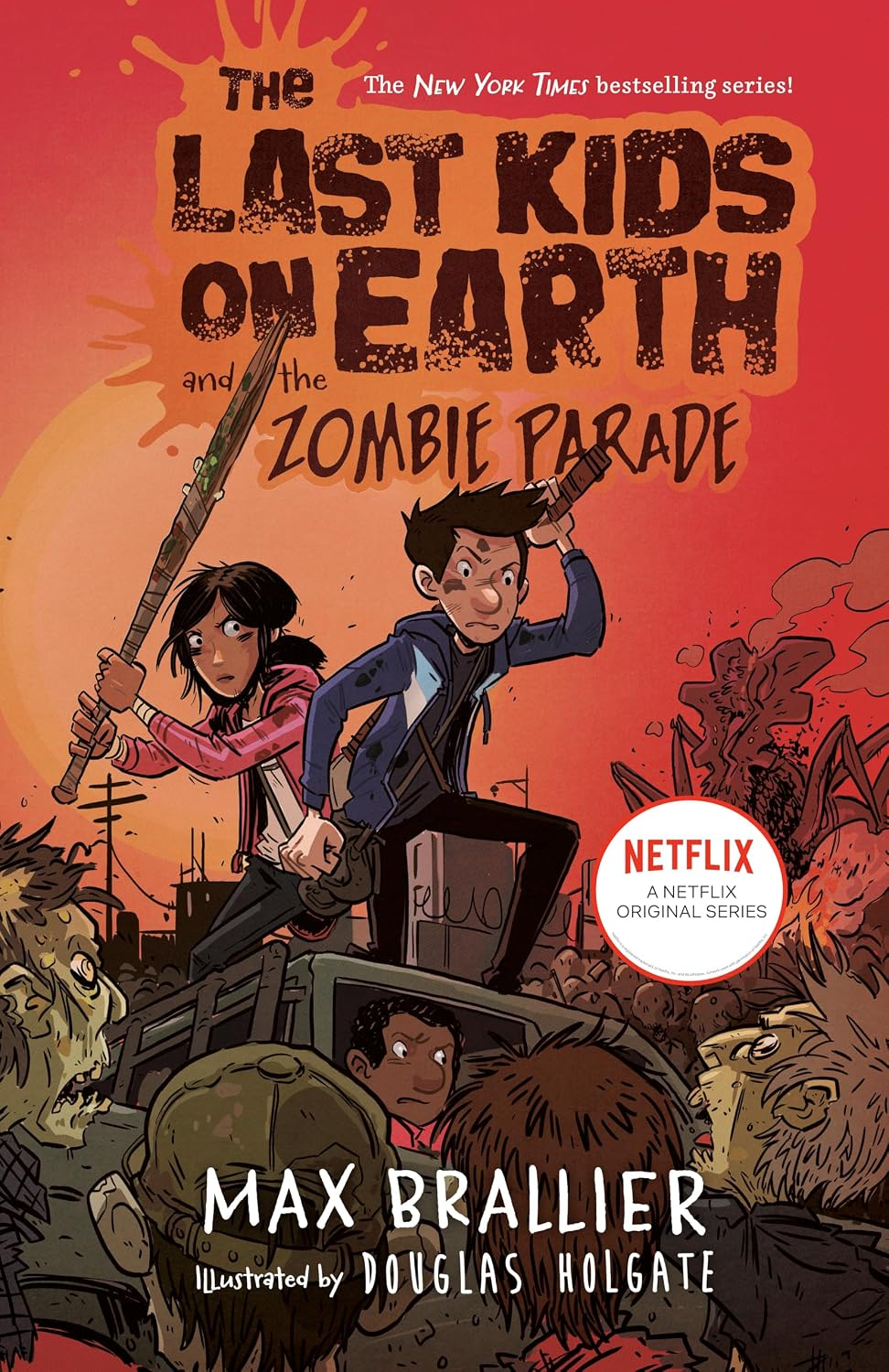 Kid adventure book cover with zombie parade: four kids with weapons, Netflix original badge