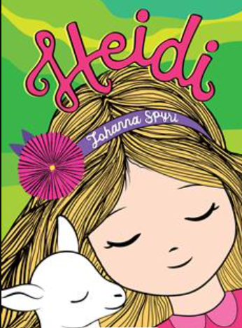 Heidi by Johanna Spyri book cover with blonde girl illustration and small white animal
