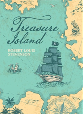 Treasure Island book cover with sailing ship on vintage map, Robert Louis Stevenson