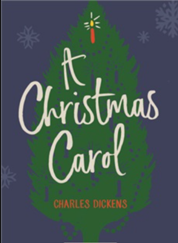 Christmas Carol book cover with green tree and Charles Dickens