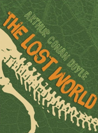 Green book cover for The Lost World by Arthur Conan Doyle, orange title and dinosaur tracks
