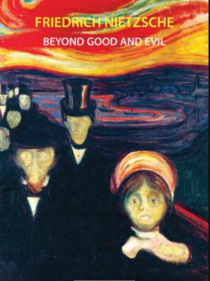 Friedrich Nietzsche book cover, red title text, dark figures and colorful wave-like background.