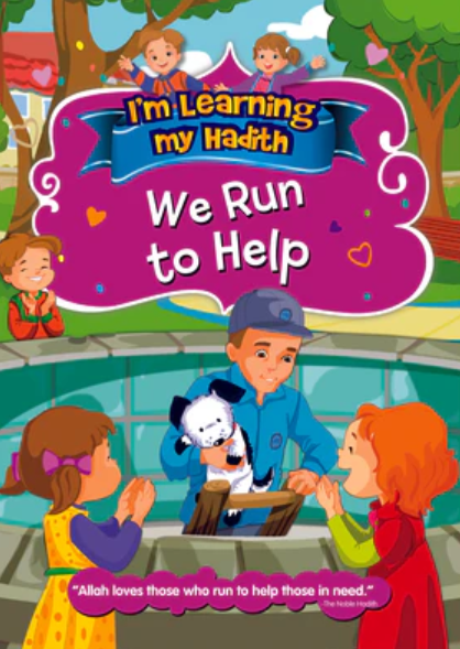 Children's book cover showing kids with a puppy and the title We Run to Help