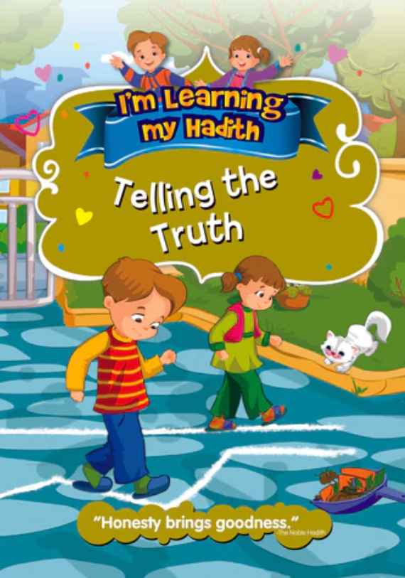 Children's hadith book cover with kids, a rabbit, and title 'Telling the Truth'.