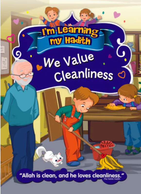 Children's book cover with cartoon kids; text reads I'm Learning my Hadith: We Value Cleanliness