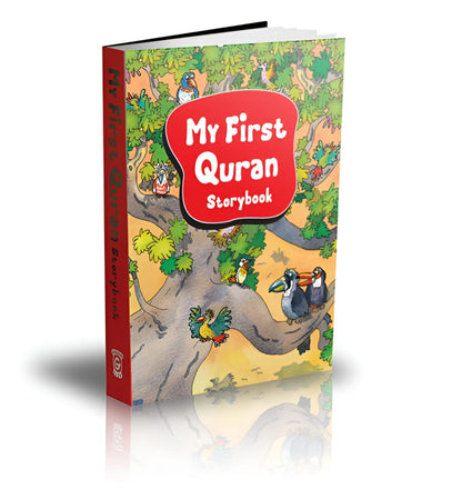 Children's Quran storybook cover with red title badge and jungle animal artwork