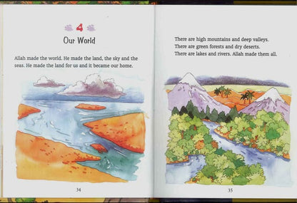 Open Quran storybook pages titled 'Our World' with river and mountain illustrations