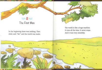 Open children's Quran storybook with two illustrated pages and printed text