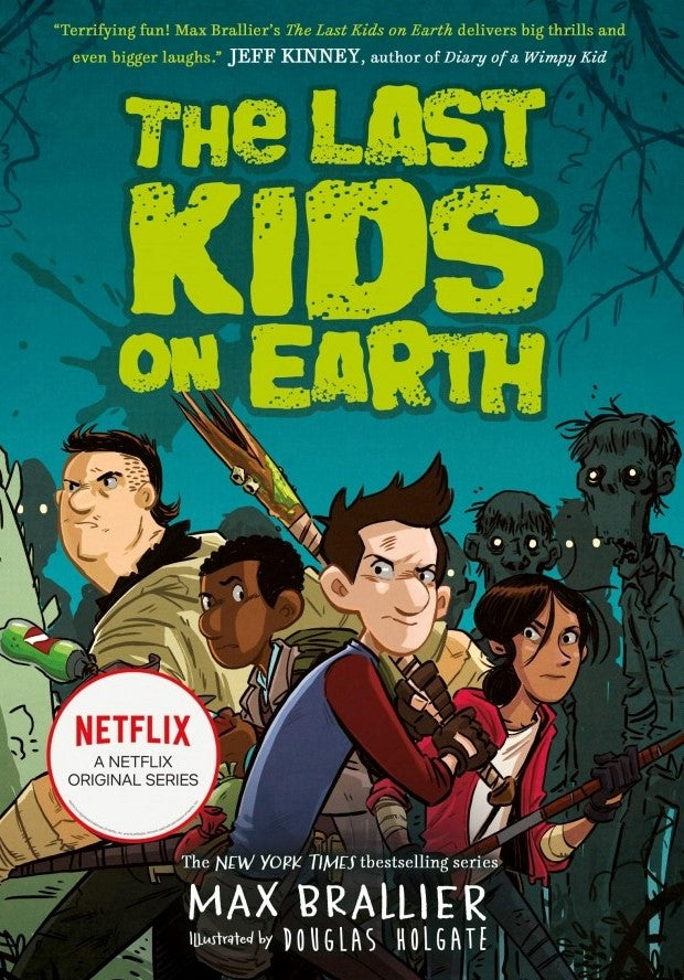 Post-apocalyptic kid adventure book cover: four kids with weapons, Netflix original badge