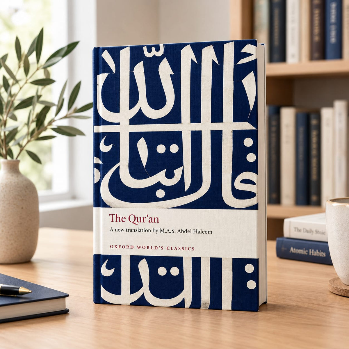 Blue and white Qur'an book with Arabic calligraphy cover, Oxford World's Classics