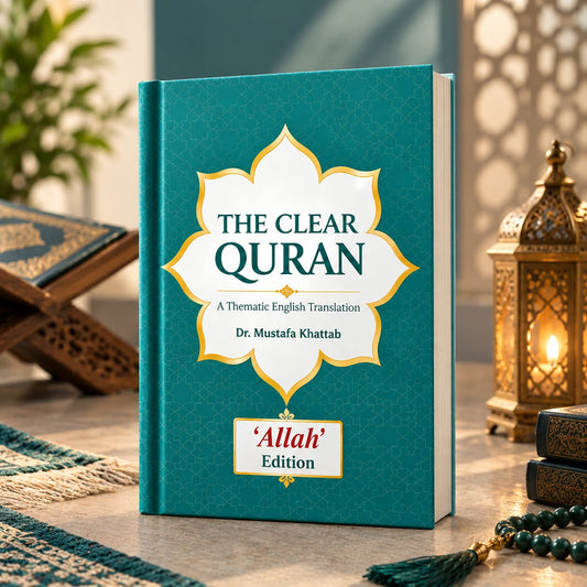 Hardback Quran book with teal cover and gold decorative emblem, Clear English Translation
