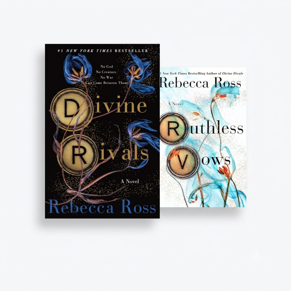 Fantasy book duology with two paperback covers: dark blue Divine Rivals and light blue Ruthless Vows