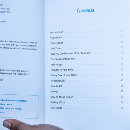 Book contents page listing sections with dotted lines and page numbers