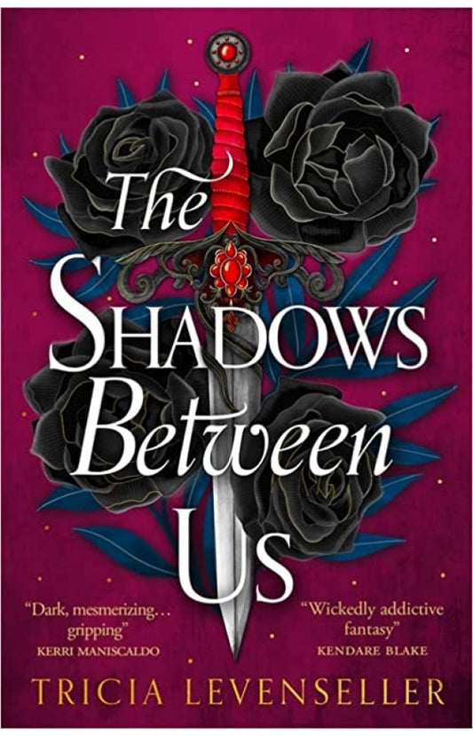 Fantasy novel cover, dark floral roses with red ribbon and large title text