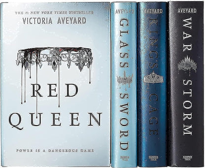 Fantasy book set with light Red Queen cover and three dark blue spines
