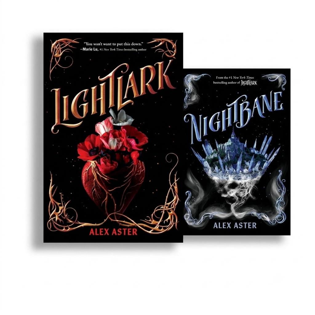Lightlark book covers set by Alex Aster, red flower and dark blue crown art