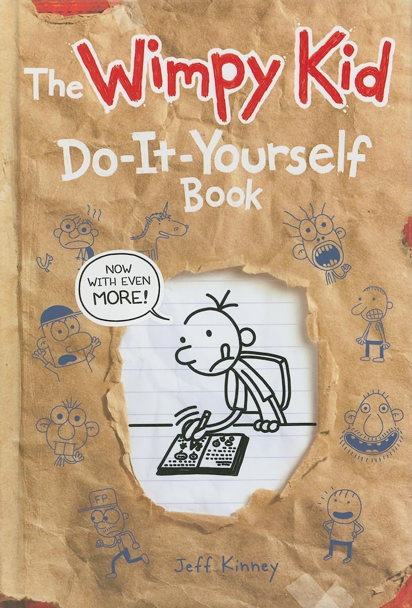 Do-It-Yourself book cover with The Wimpy Kid title, cartoon boy at phone, speech bubble