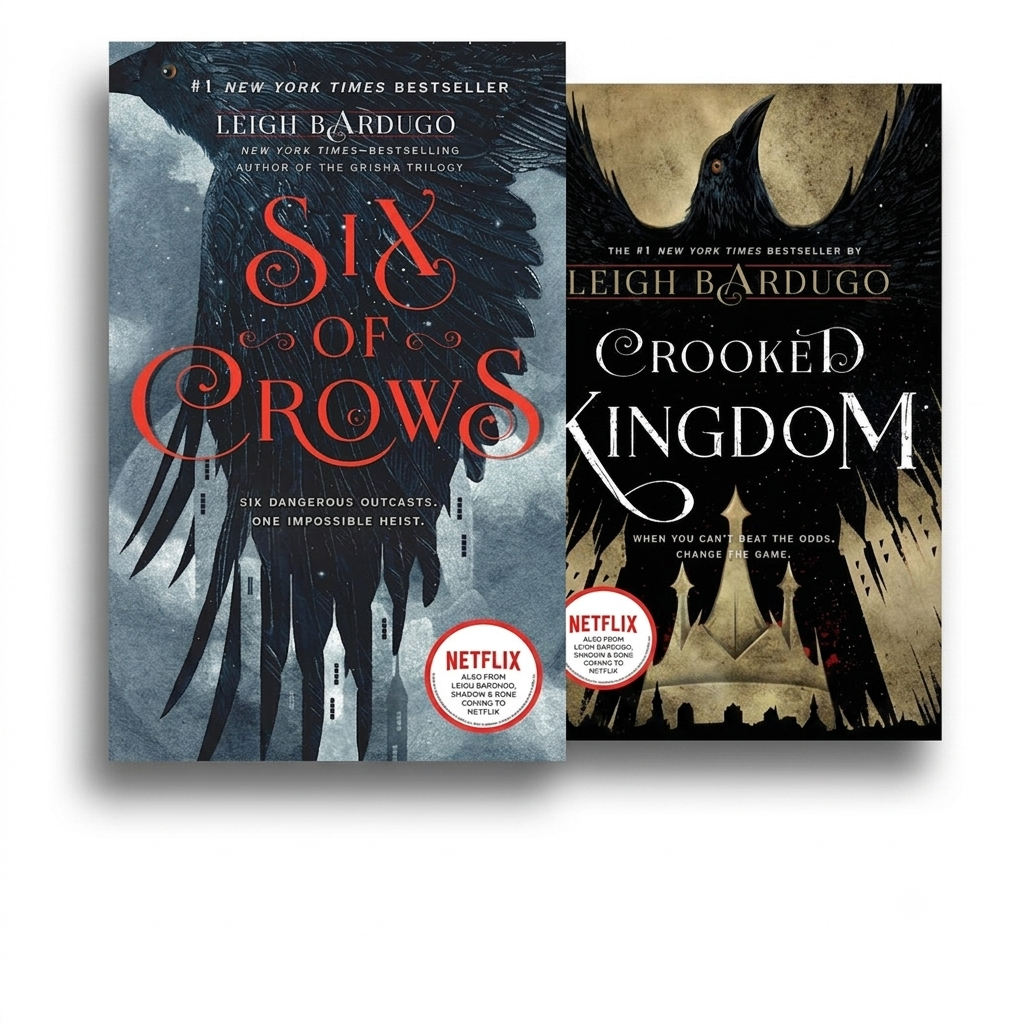 Six of Crows book cover with dark blue and red lettering, featuring a raven wing illustration