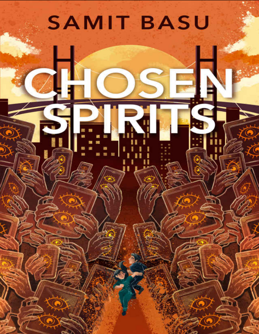 Chosen Spirits book cover with hands and eye symbols, plus Samit Basu name