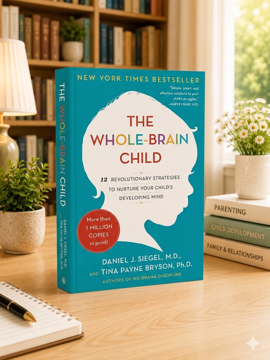 The Whole-Brain Child book with teal cover and white text, featuring author names.