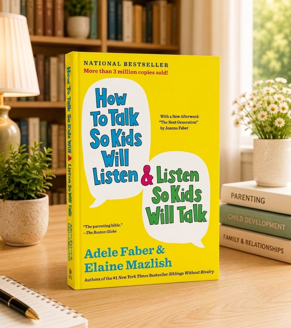 Yellow parenting book cover, How To Talk So Kids Will Listen by Adele Faber & Elaine Mazlish