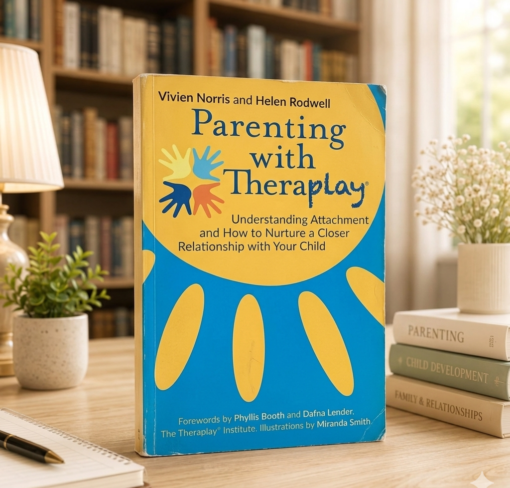 Parenting with Theraplay book with blue cover and hands graphic