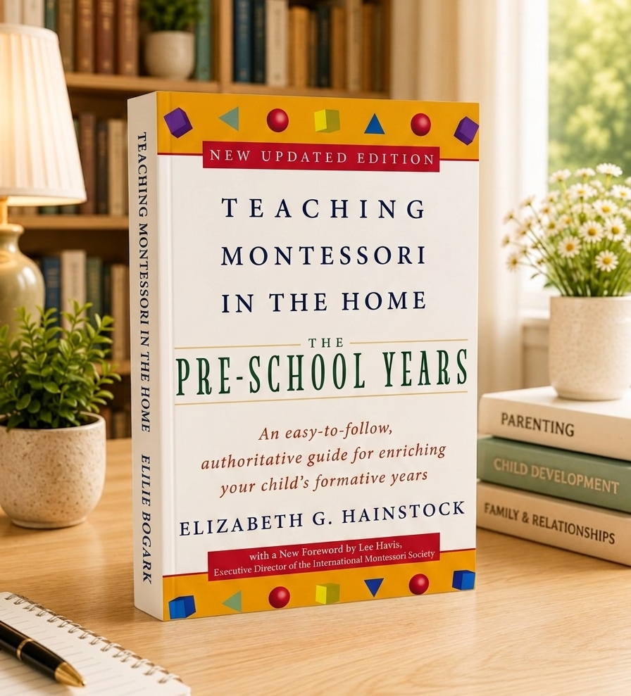 Teaching Montessori in the Home pre-school years book with colorful geometric cover